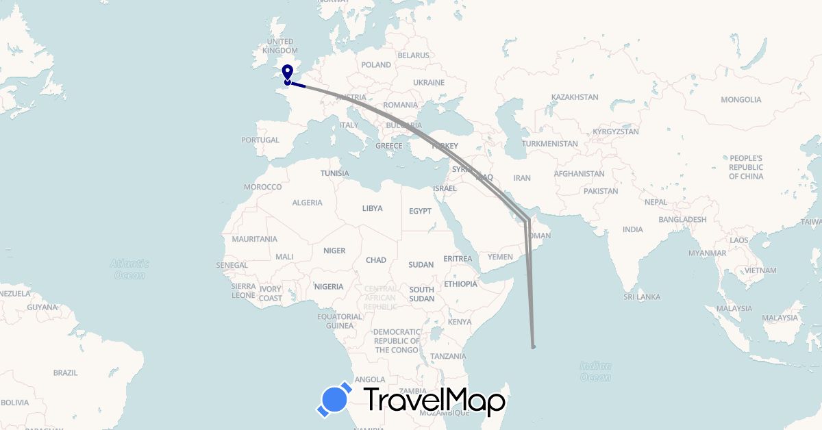 TravelMap itinerary: driving, plane, boat in United Arab Emirates, France, Seychelles (Africa, Asia, Europe)